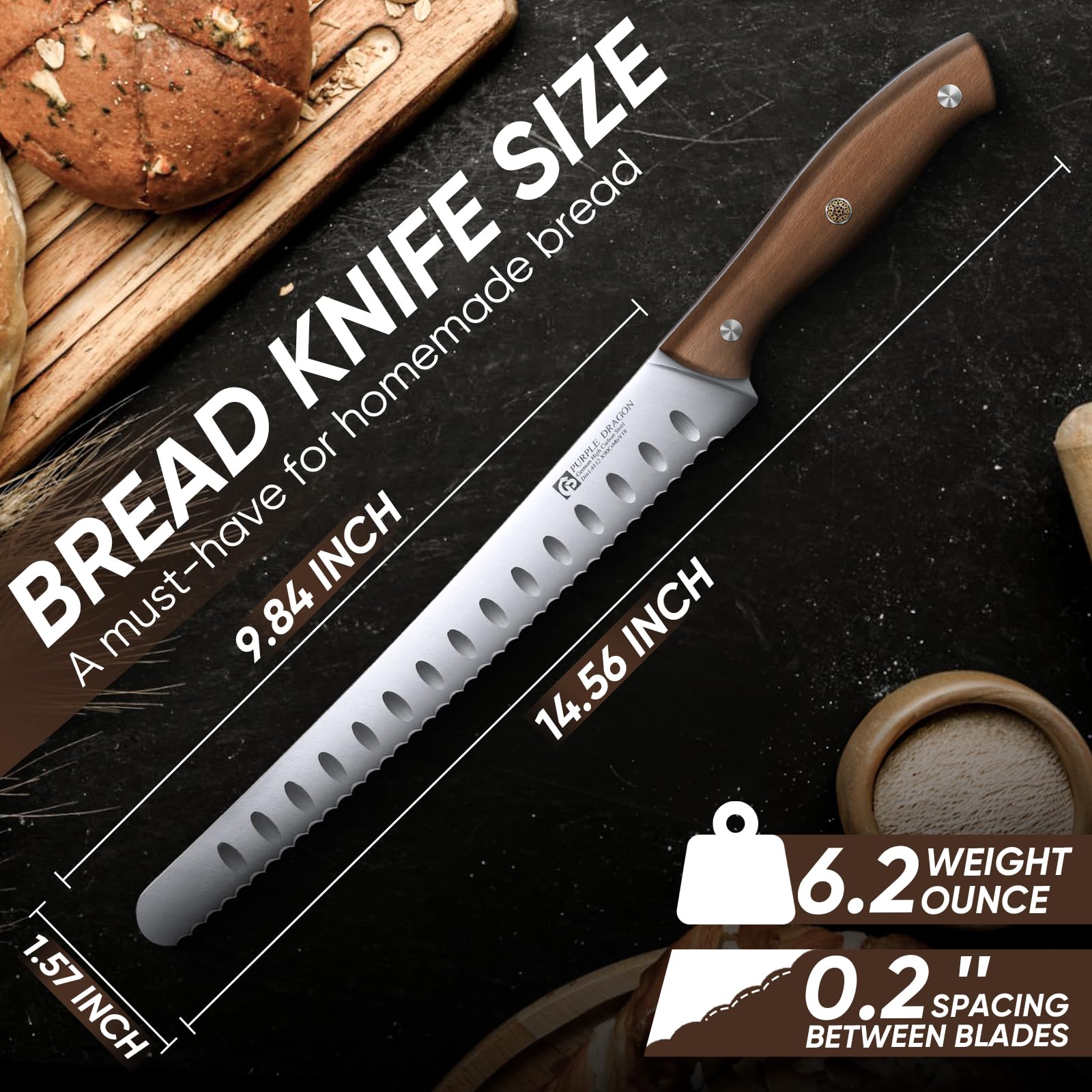 Purple Dragon bread knife blade close-up highlighting German high-carbon steel durability