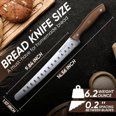 Purple Dragon bread knife blade close-up highlighting German high-carbon steel durability