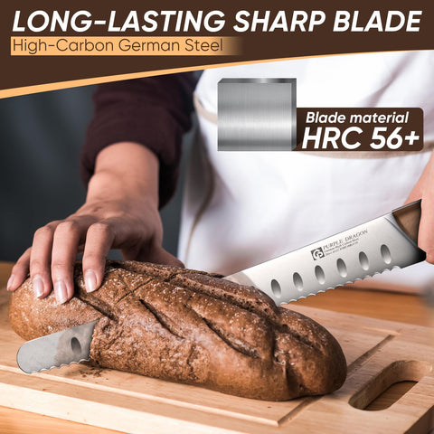Purple Dragon bread knife in use slicing sourdough for precise, even cuts