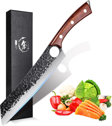 Purple Dragon chef knife 8.5-inch blade close-up for precise cuts.