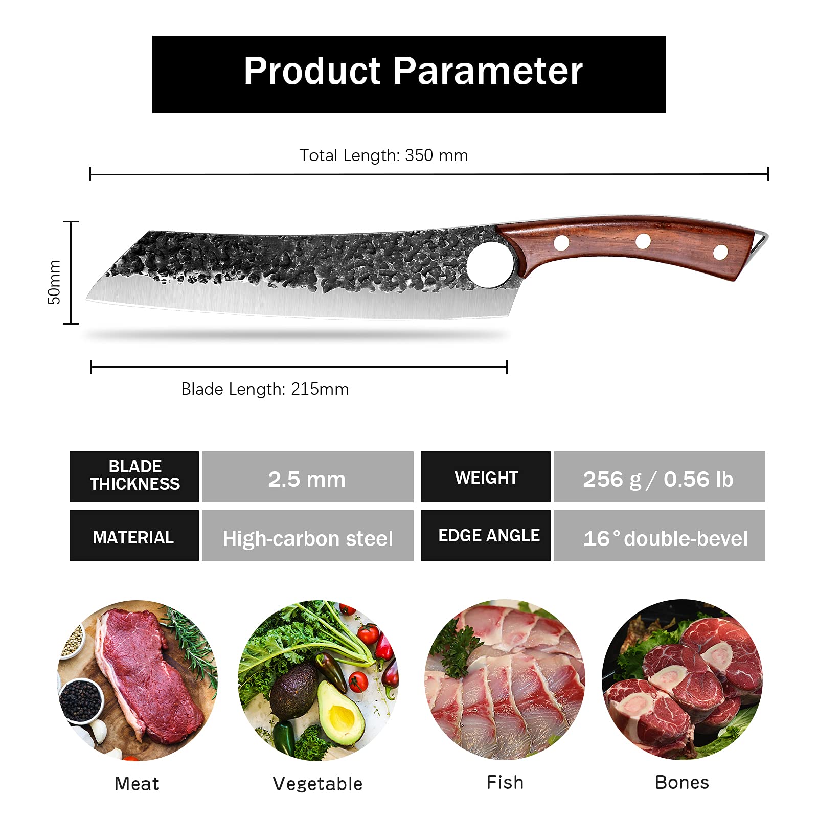 Purple Dragon chef knife full tang with ergonomic wood handle for balance.