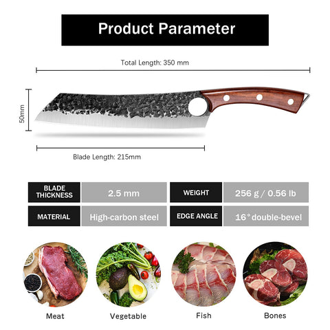 Purple Dragon chef knife full tang with ergonomic wood handle for balance.