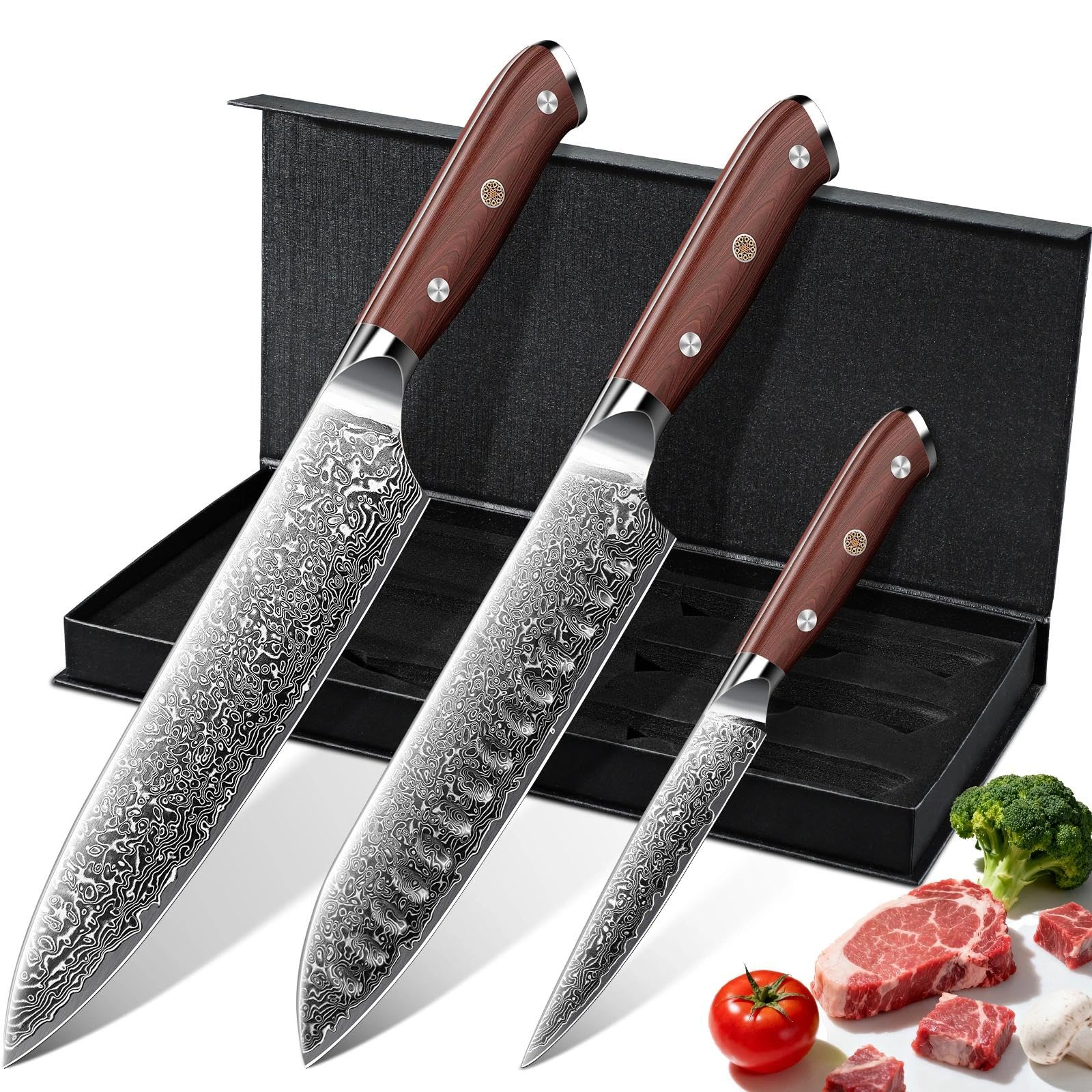 Purple Dragon Damascus 8-inch Santoku blade with layered pattern for precision cuts