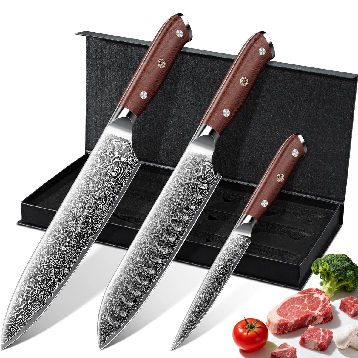 Purple Dragon Damascus 8-inch Santoku blade with layered pattern for precision cuts