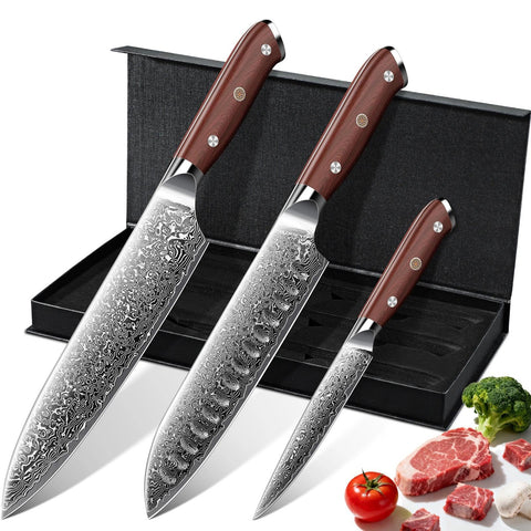 Purple Dragon Damascus 8-inch Santoku blade with layered pattern for precision cuts