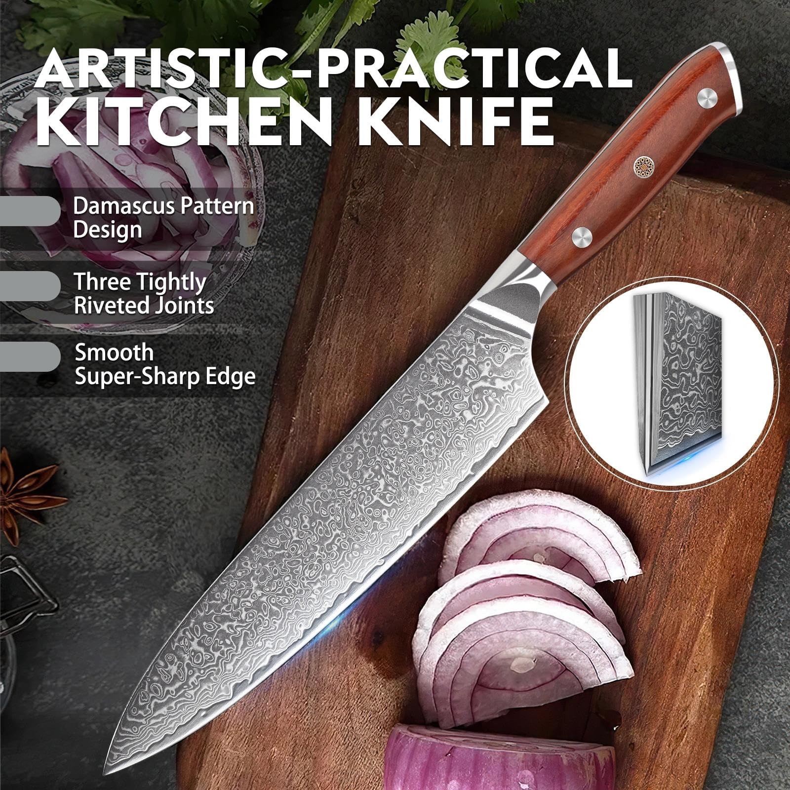Purple Dragon damascus knife set display on kitchen counter