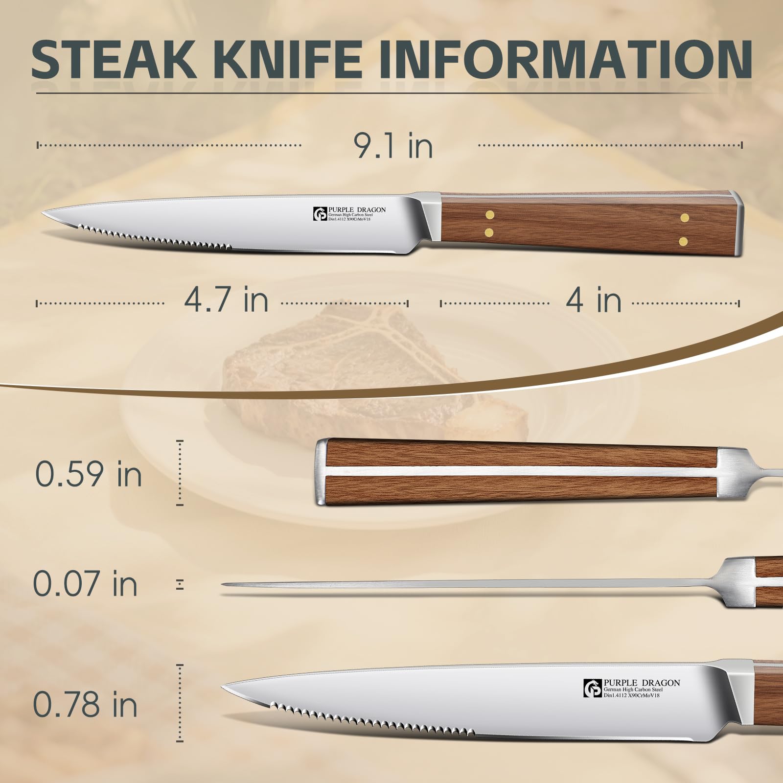 Purple Dragon high-carbon German steel blade delivers sharp, durable performance.