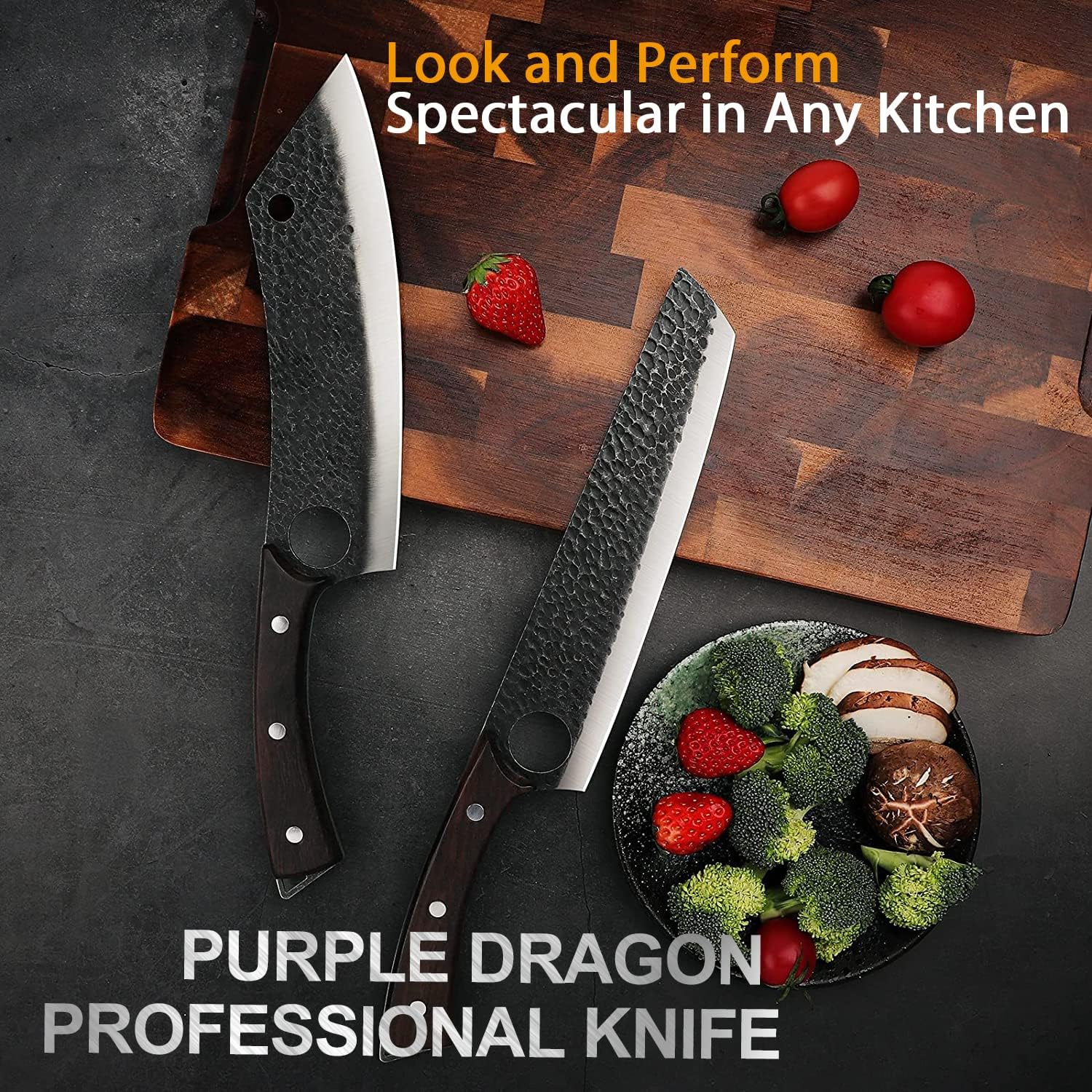 Purple Dragon versatile eight-inch knife handles meat, vegetables, and hard foods