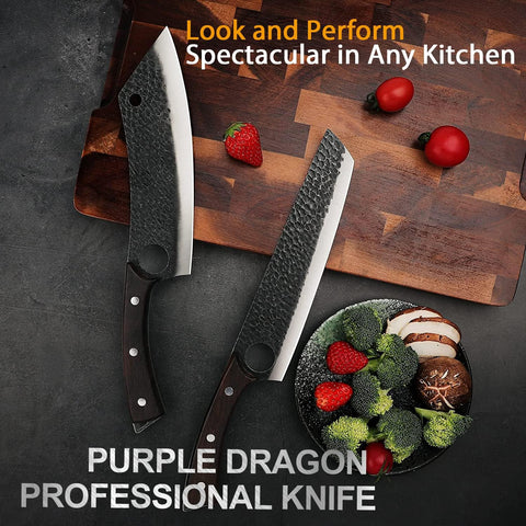 Purple Dragon versatile eight-inch knife handles meat, vegetables, and hard foods
