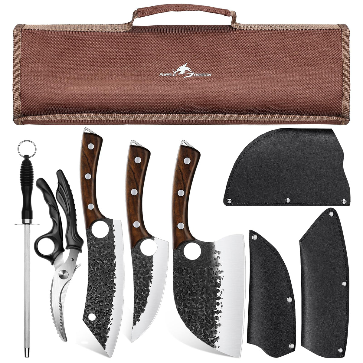 Purple Dragon knife set roll bag shows secure, portable storage for outdoor or home cooking