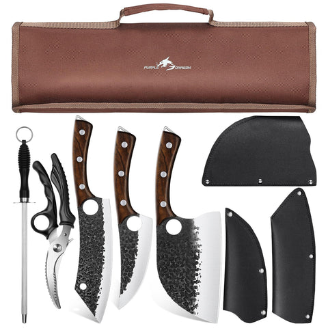 Purple Dragon knife set roll bag shows secure, portable storage for outdoor or home cooking