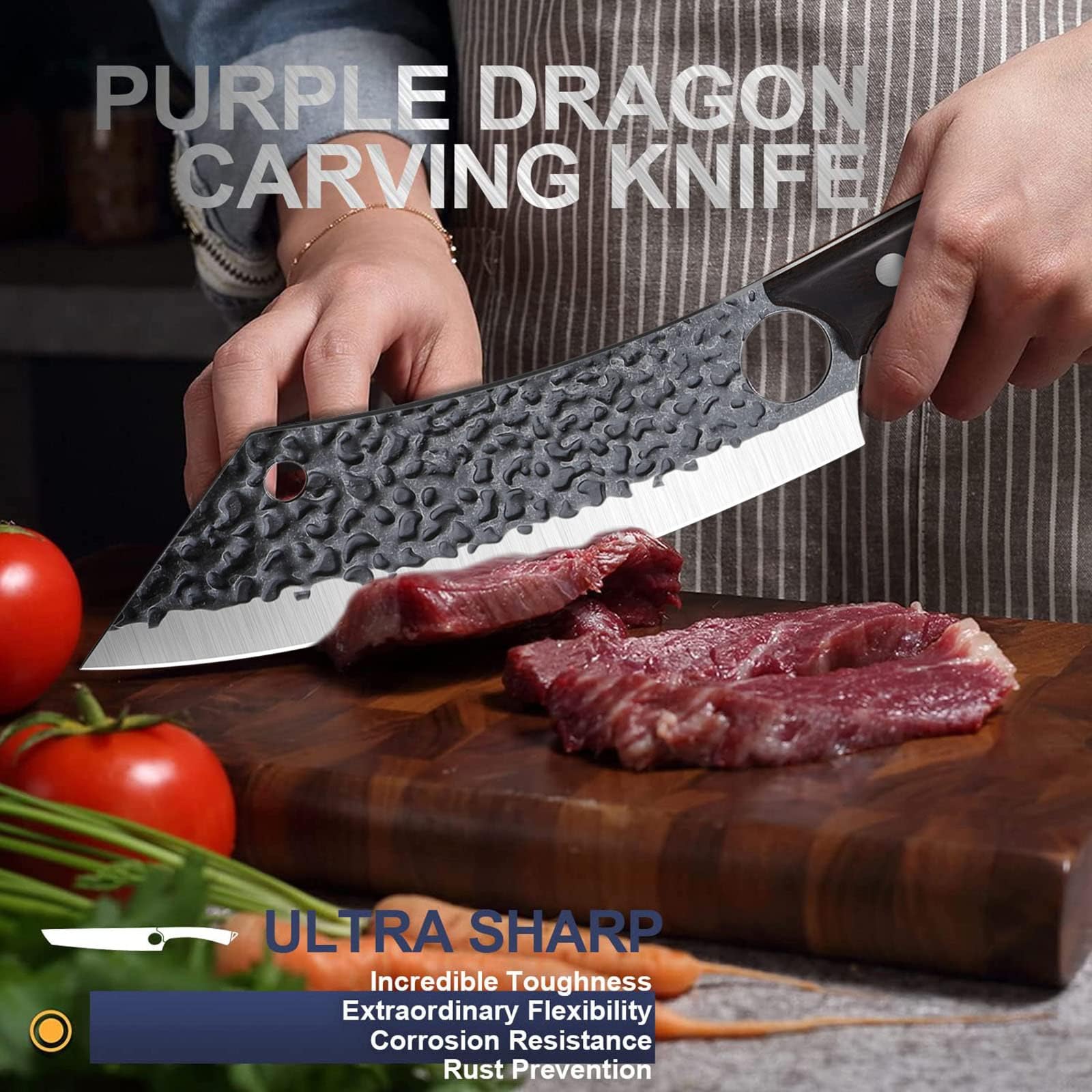 Purple Dragon monzo wood handle with rivets provides comfortable grip