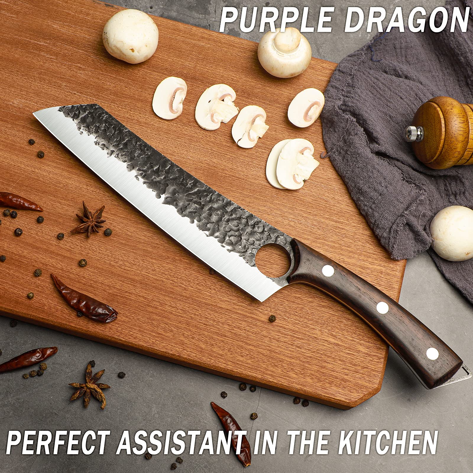 Purple Dragon cleaver in action slicing meat and vegetables.