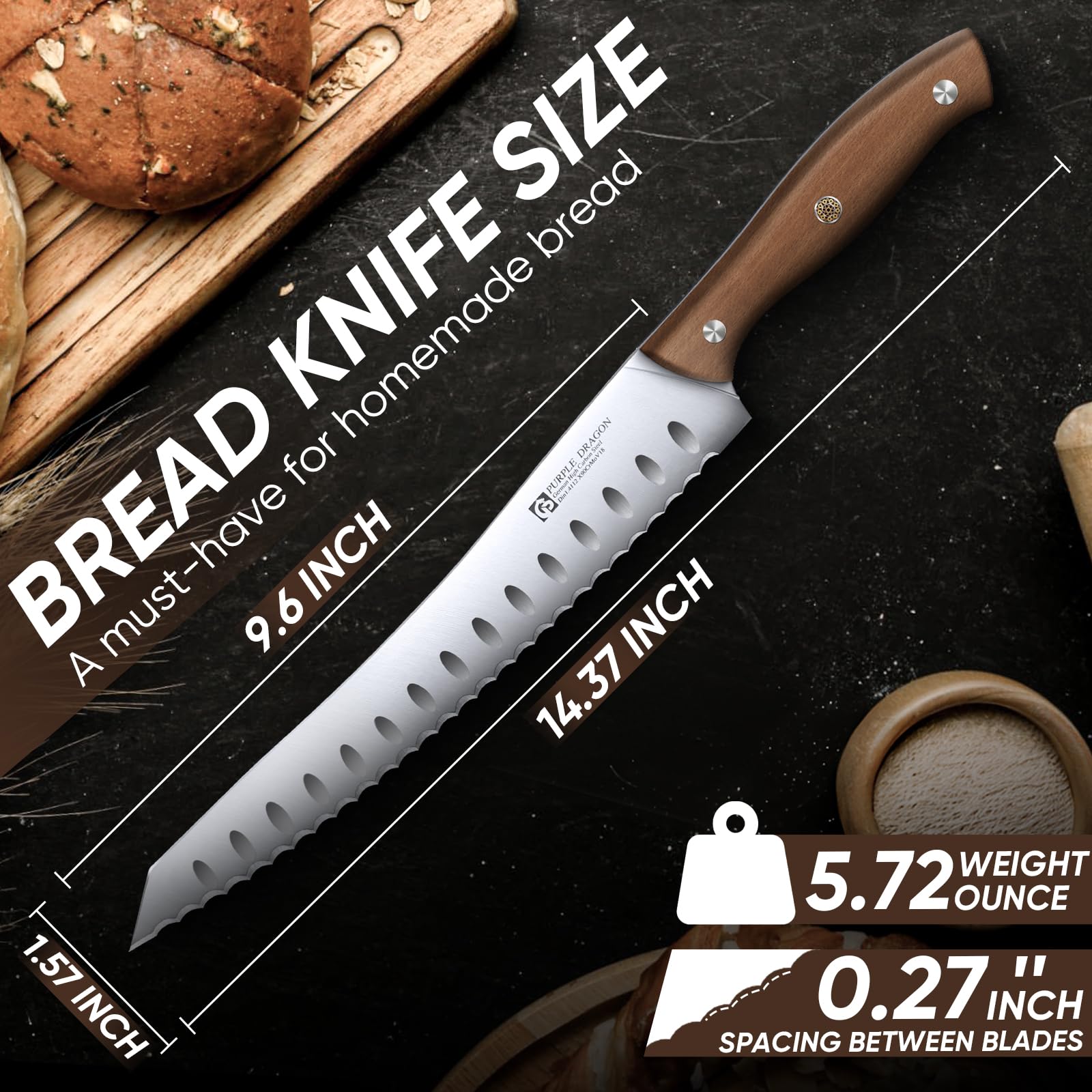 Purple Dragon serrated bread knife slicing cake with clean edges