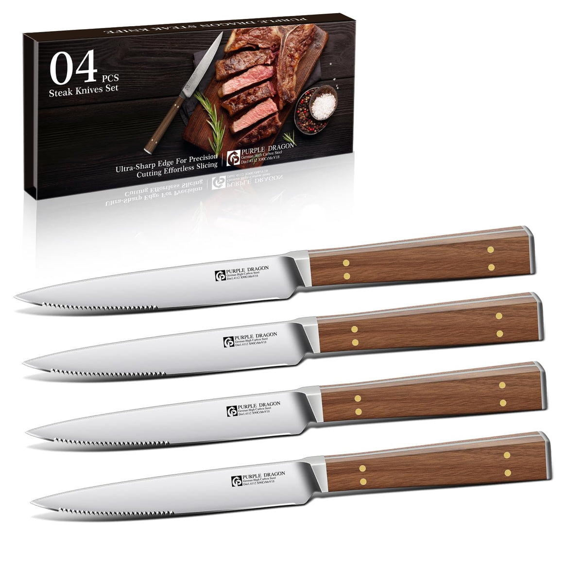 Purple Dragon serrated steak knives set of 4 with wooden handles for clean slicing.