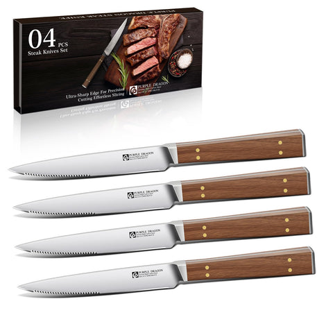 Purple Dragon serrated steak knives set of 4 with wooden handles for clean slicing.
