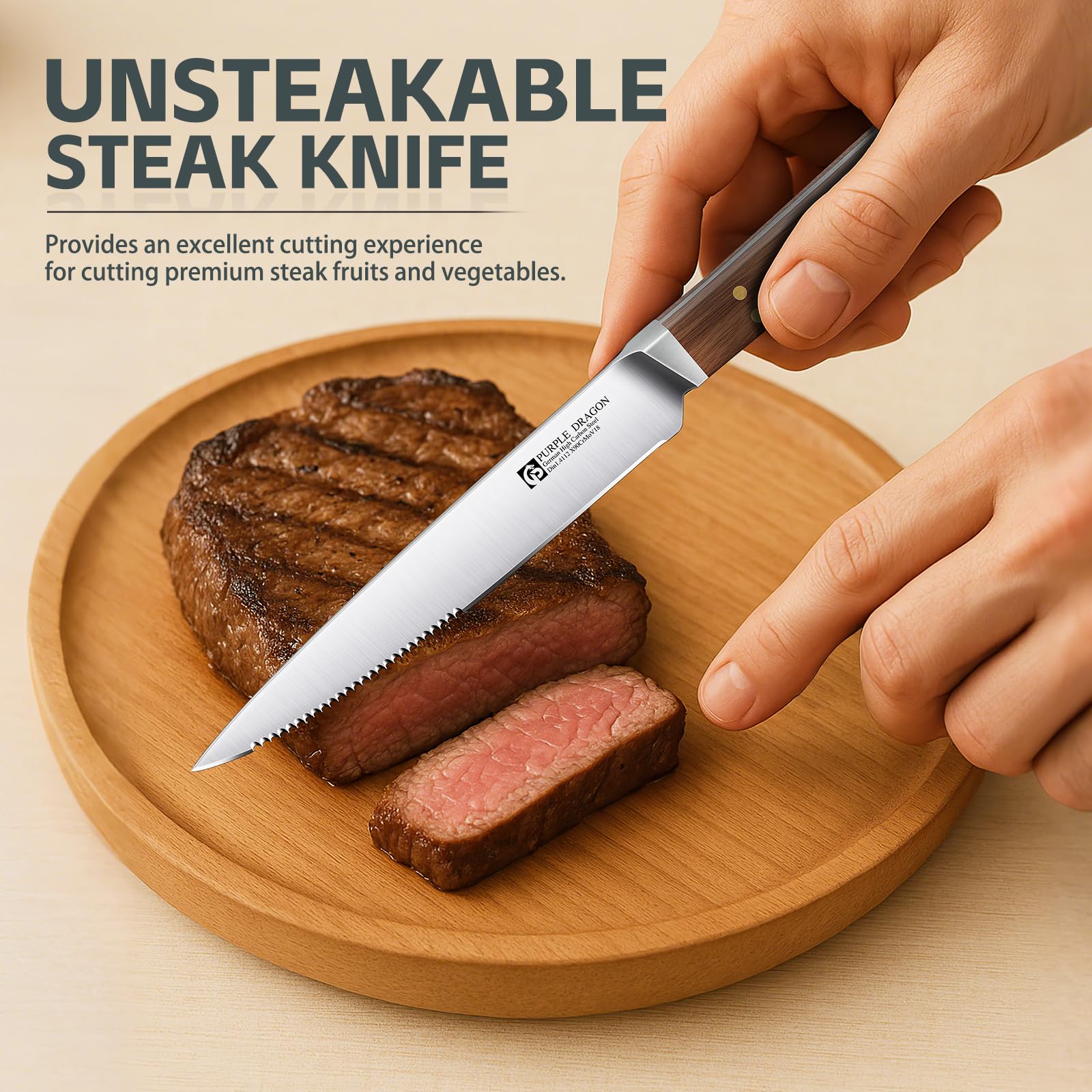 Purple Dragon square pakkawood handle provides ergonomic grip and control.