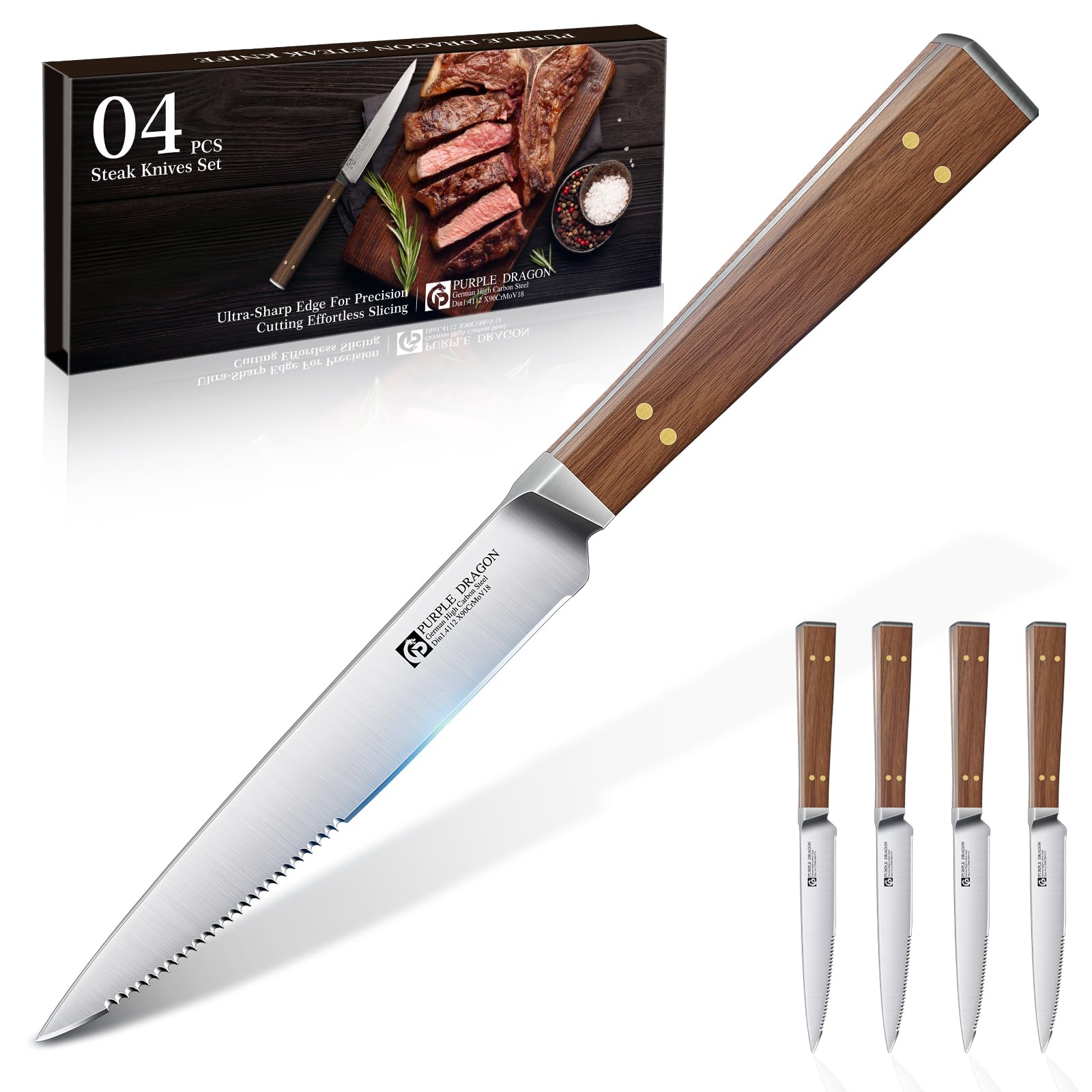 Purple Dragon versatile set handles steaks, roasts, and dense vegetables.