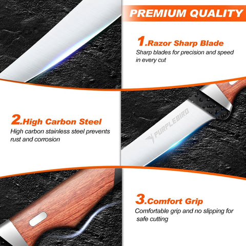 PURPLEBIRD 440C stainless blade delivers sharp, durable cuts for seafood prep.