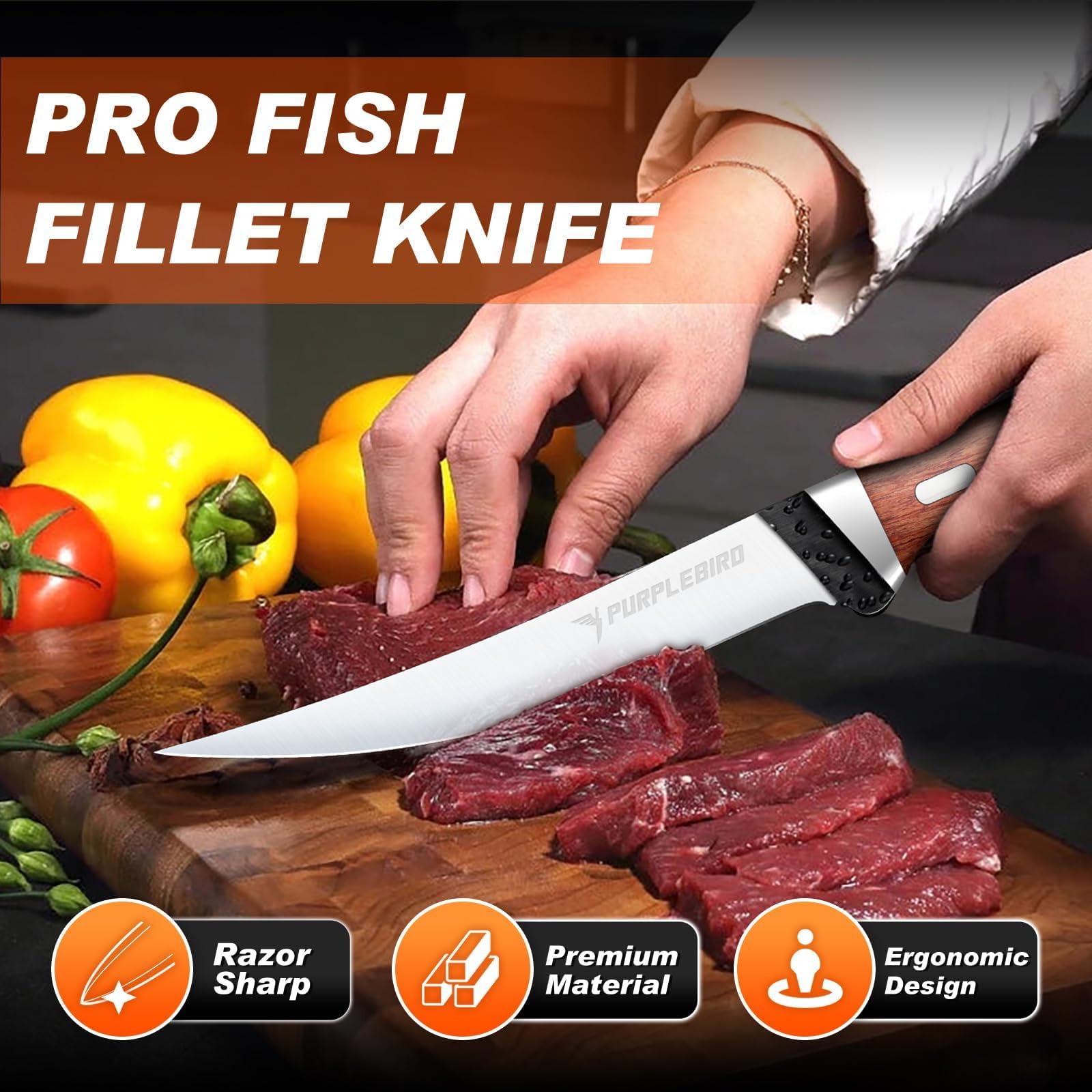 PURPLEBIRD fillet knife with sheath shows safe storage and portability.