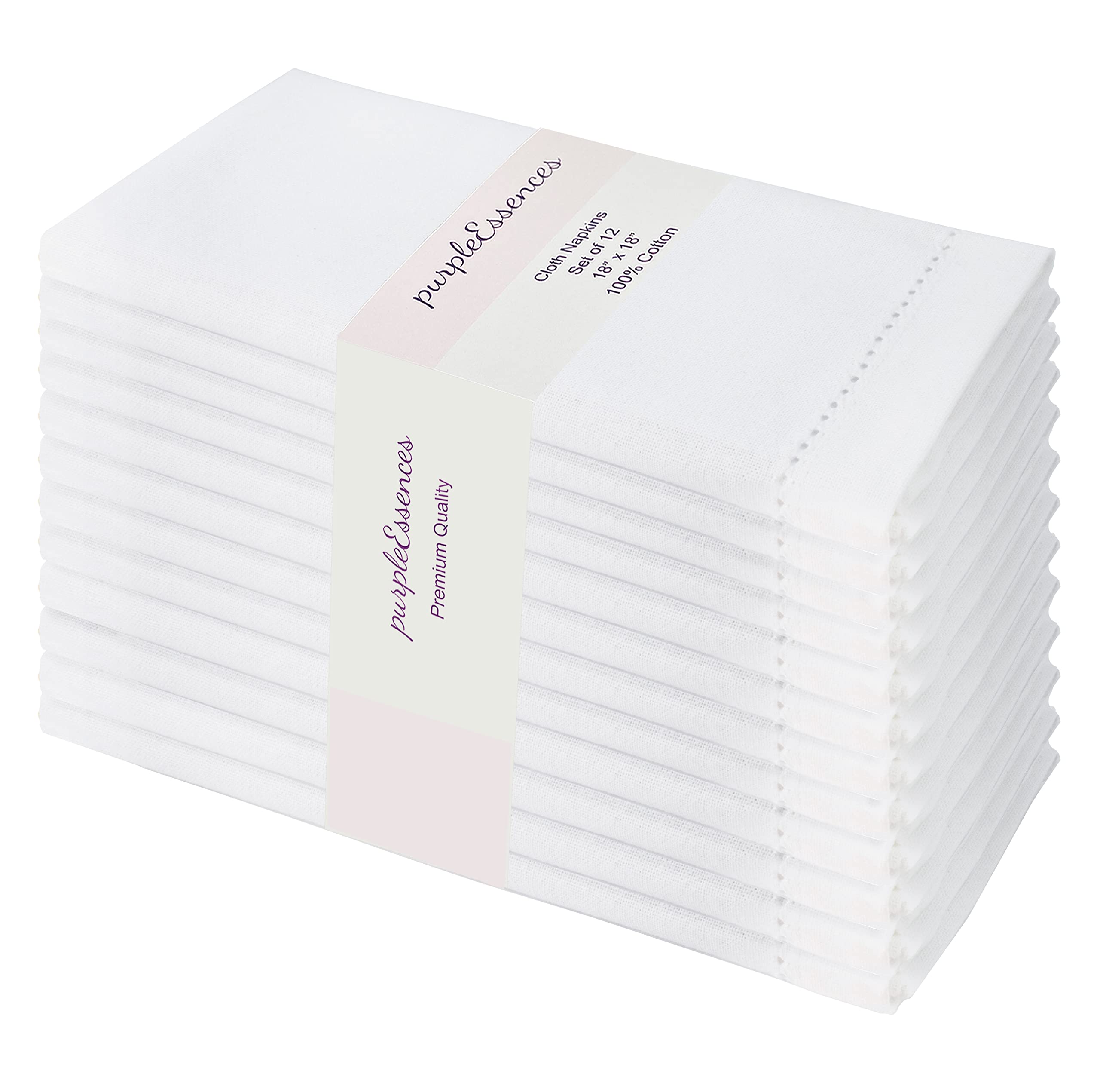 PurpleEssences napkins hemstitch closeup in pristine white for elegant table settings.