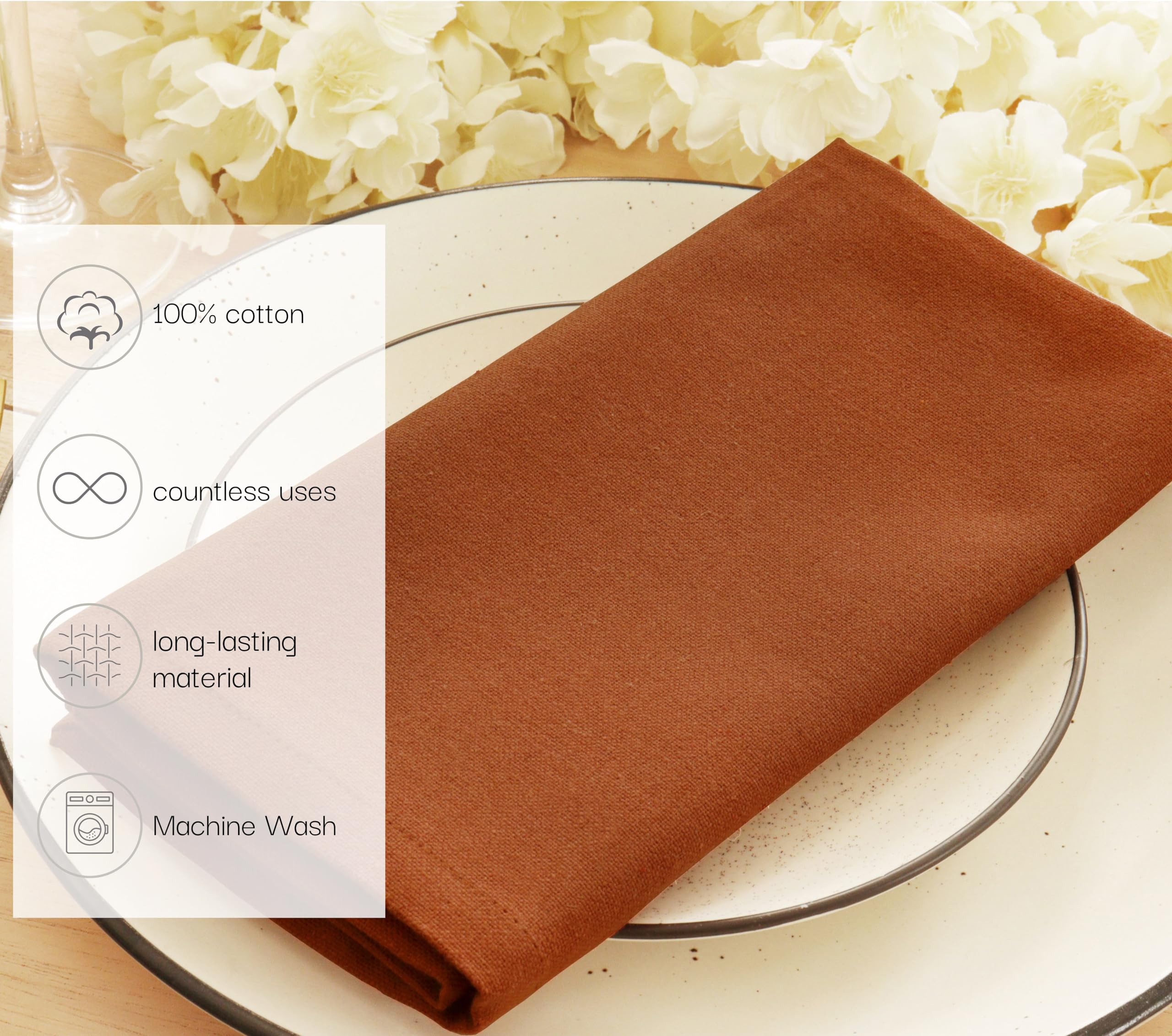 PurpleEssences rust napkins close-up highlights solid color and soft texture.