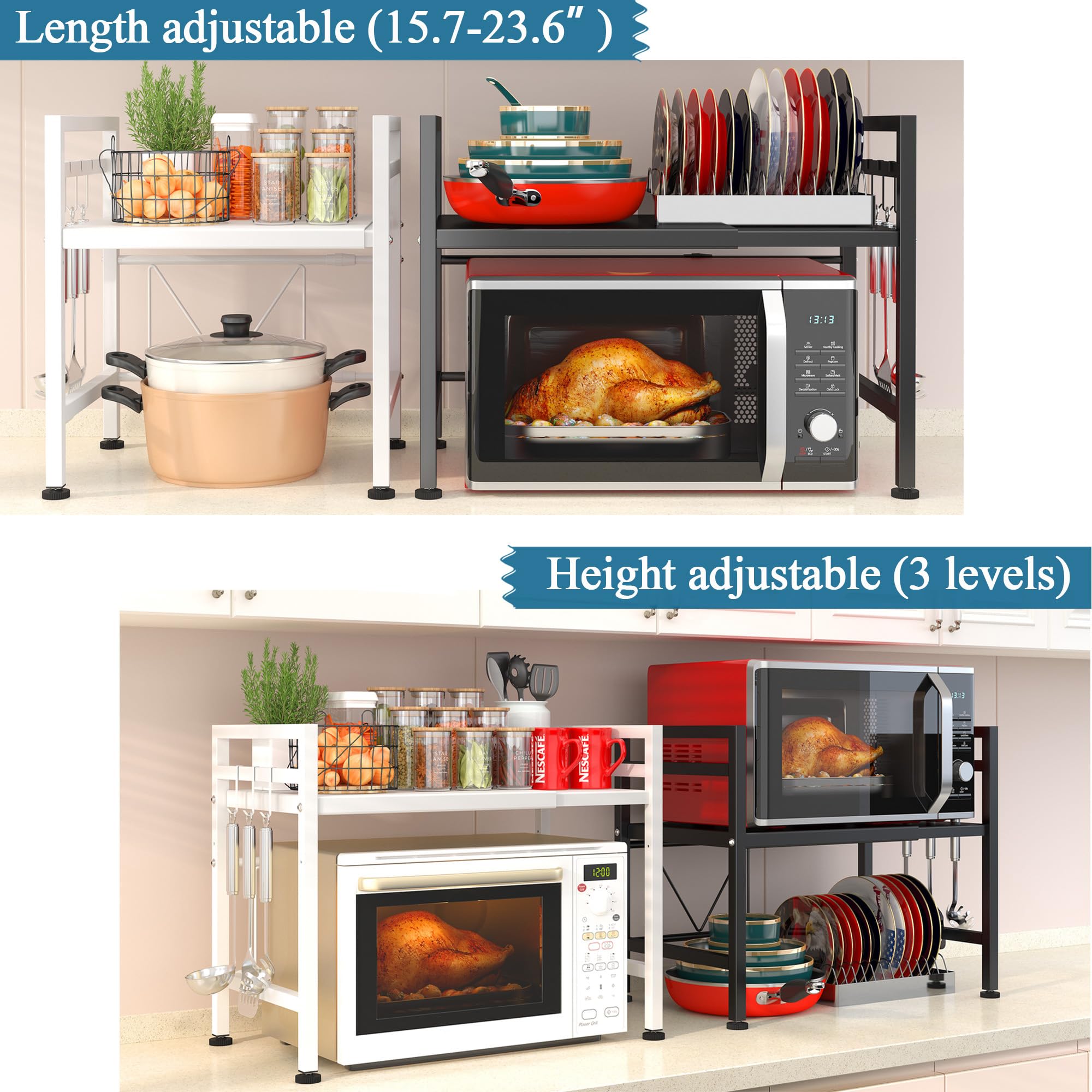 PUSDON two-tier kitchen shelf heavy-duty stand keeps counters organized.