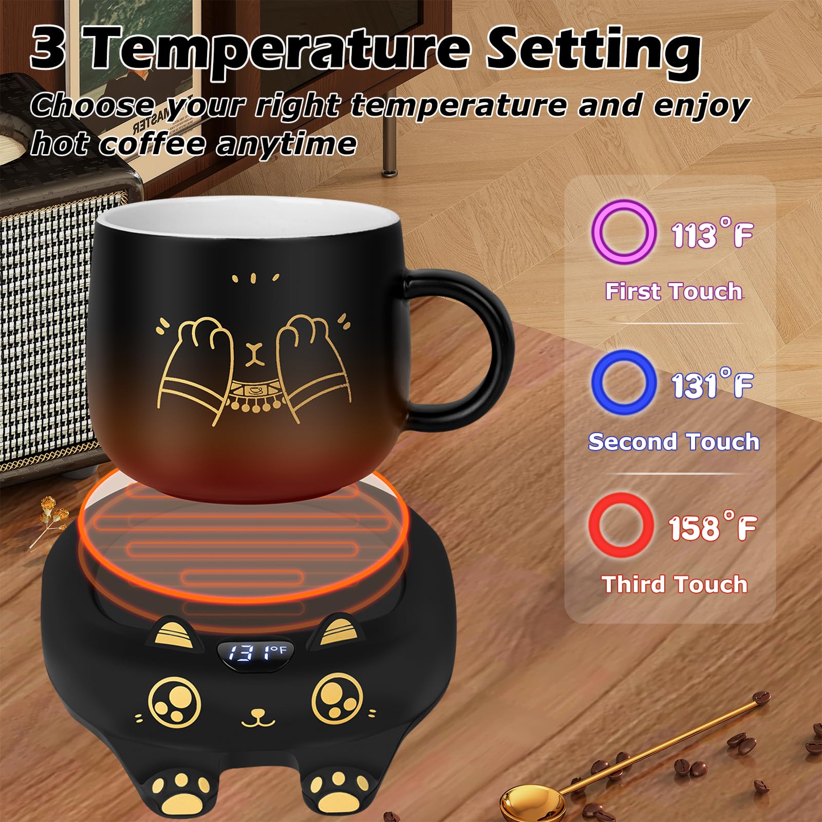 PUSEE cat mug with flat bottom heats quickly for cozy mornings.