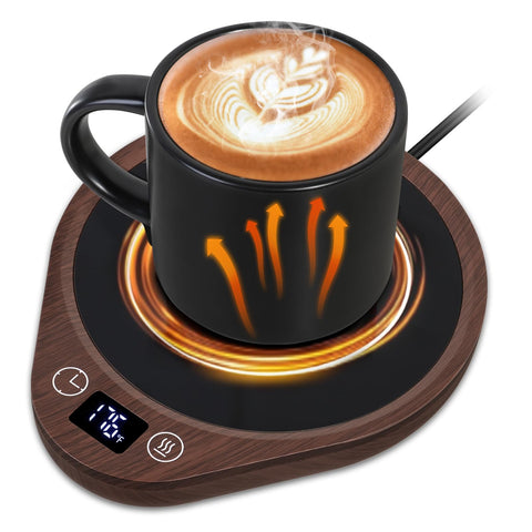 PUSEE coffee mug warmer on a desk keeps drinks at the right temperature
