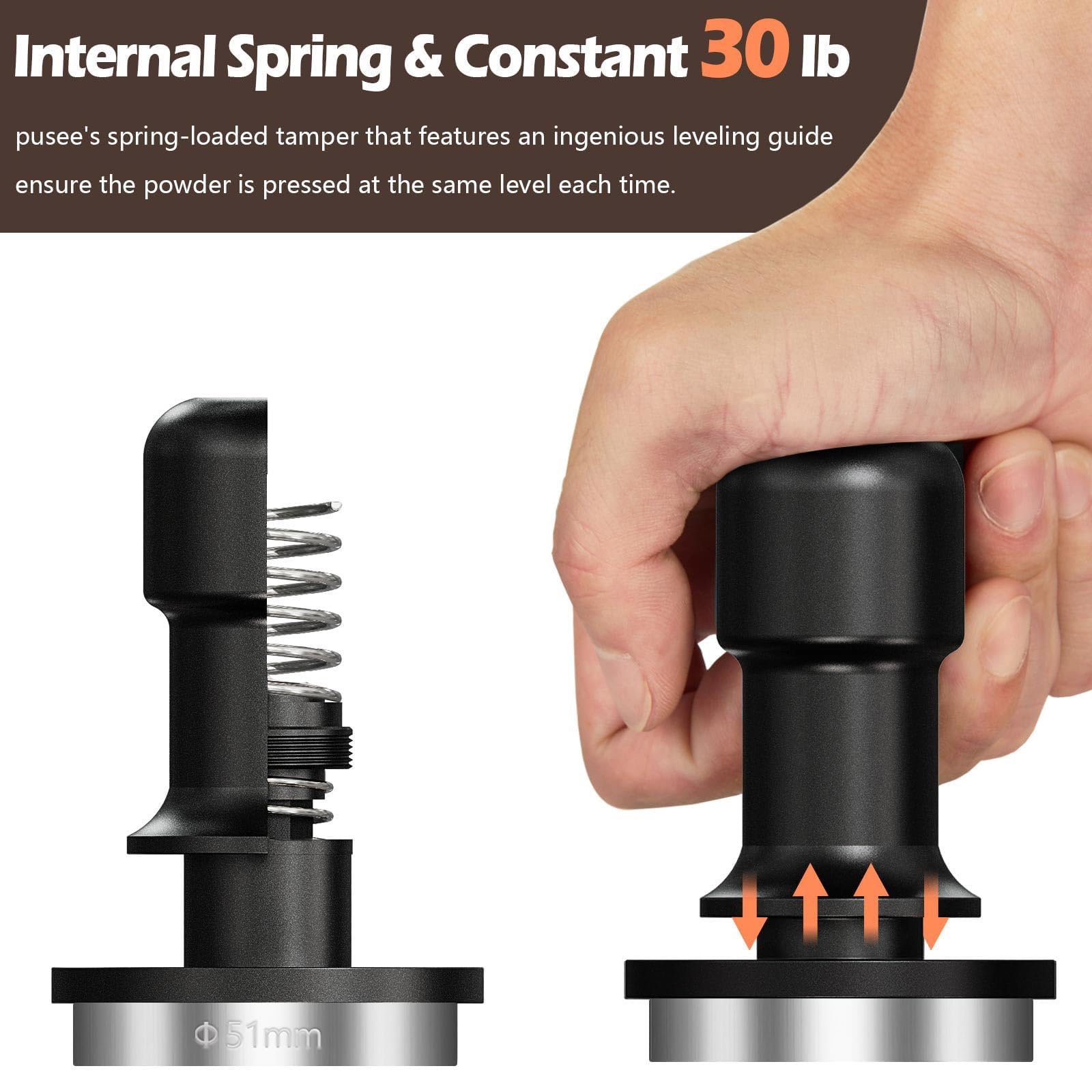 PUSEE tamper with ergonomic handle for comfortable, precise tamping