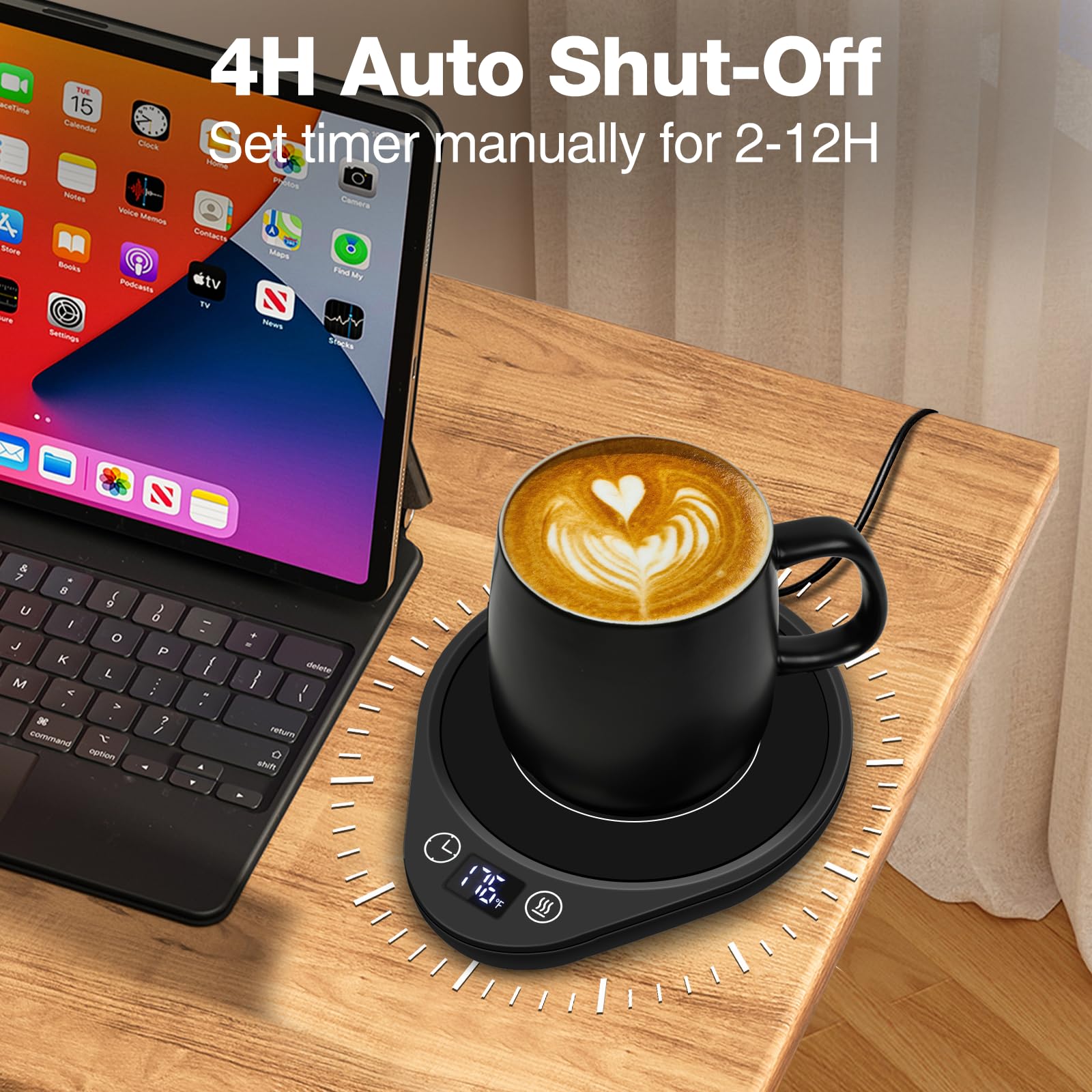 PUSEE mug warmer offering three temperature settings for customizable warmth