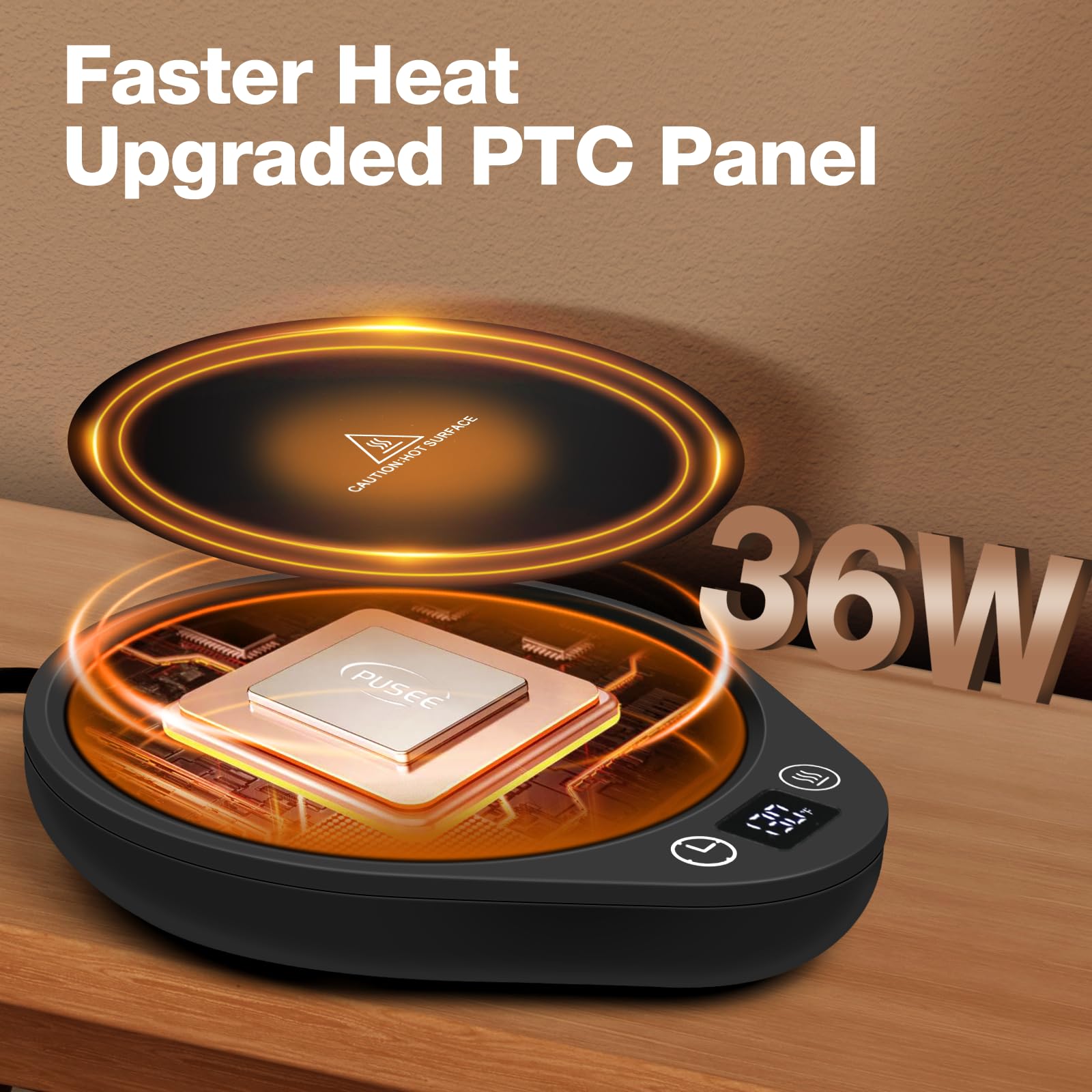 PUSEE mug warmer with 4-hour auto shut-off for peace of mind