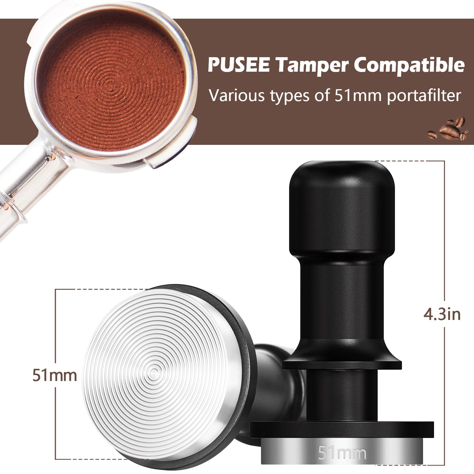 Stainless steel PUSEE tamper is food safe and dishwasher safe