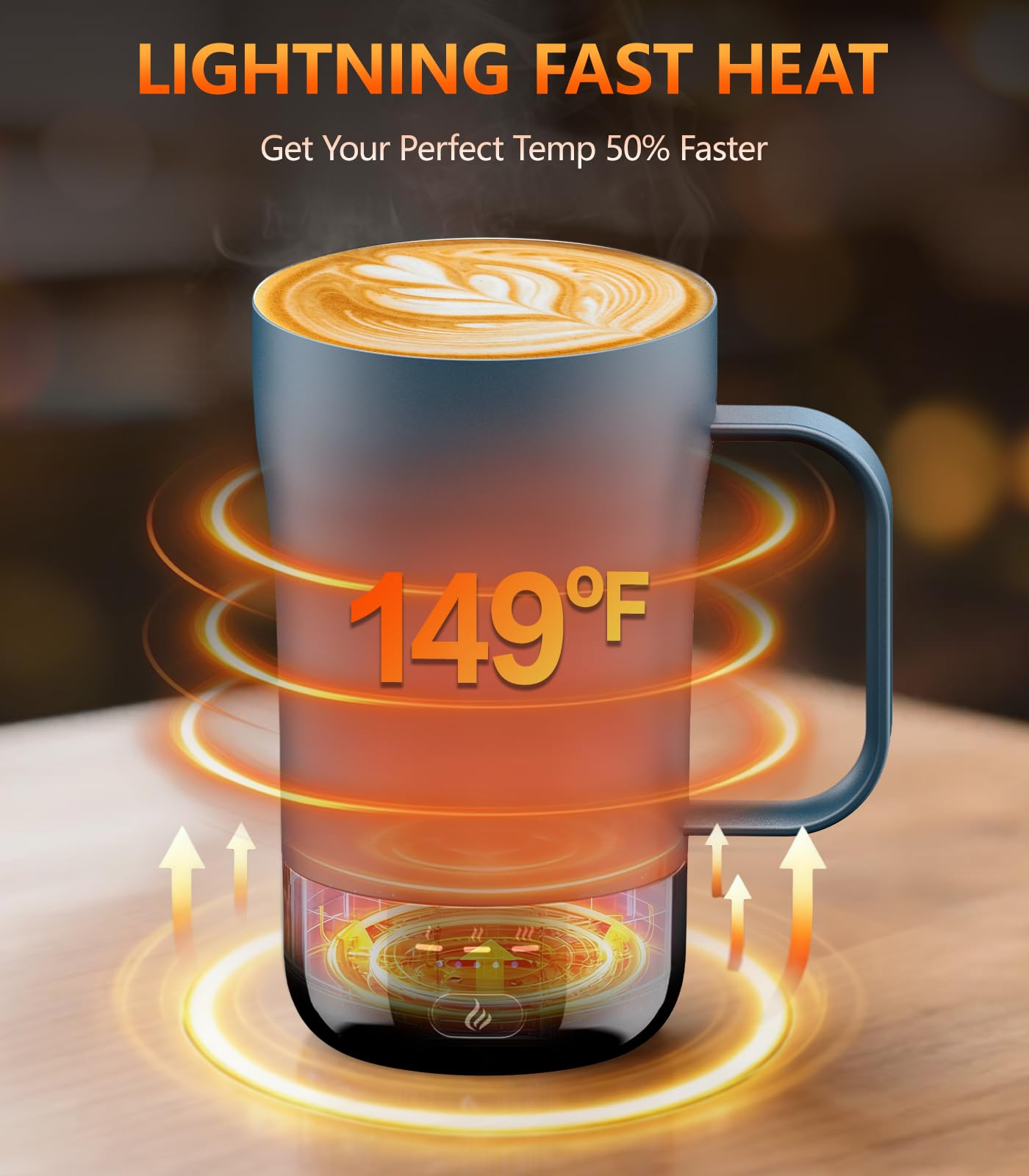 PUSEE self-heating mug on charging base demonstrates all day warmth at desk or meetings.
