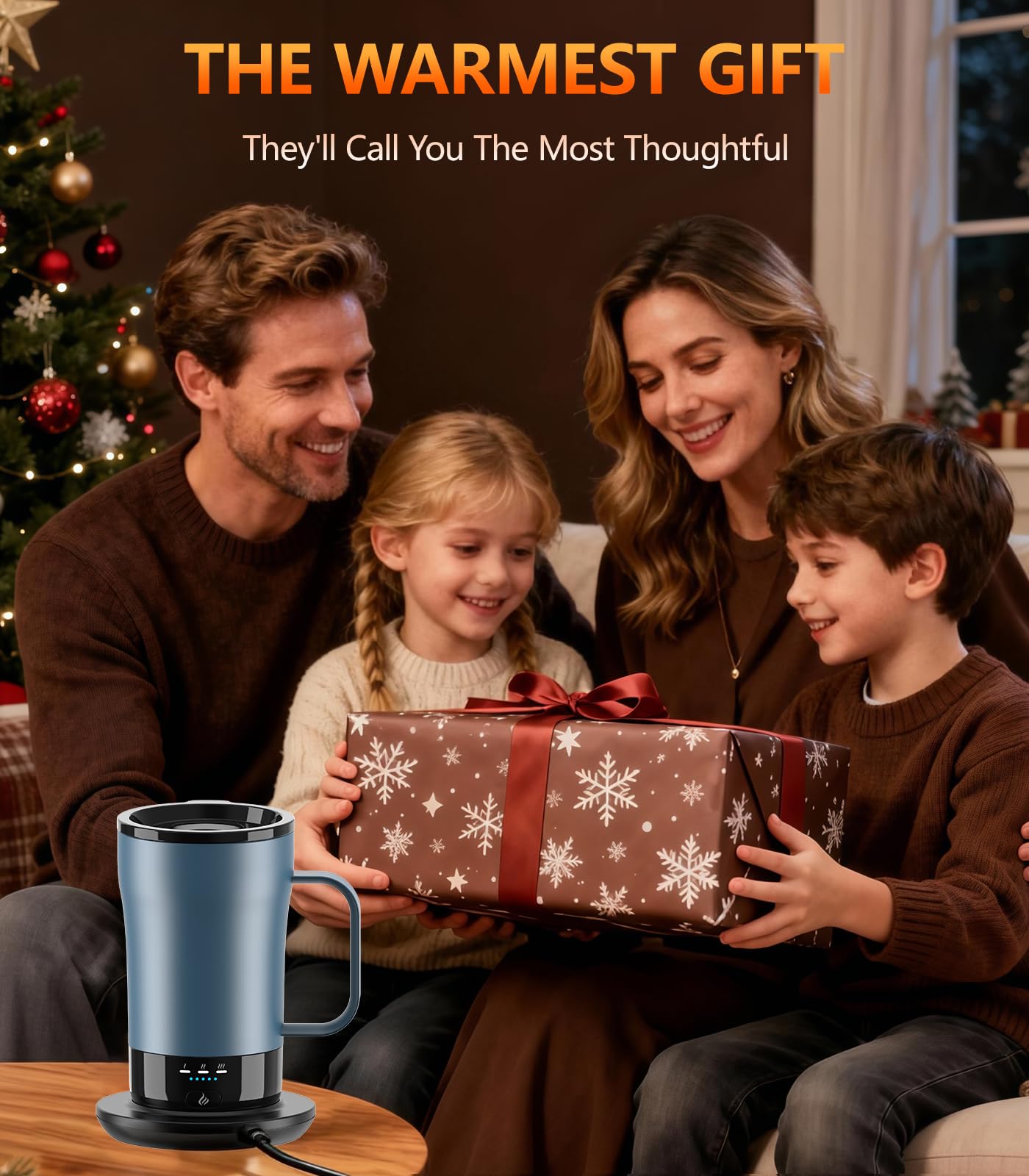 PUSEE self-heating mug lid open closeup highlights spill safe design for on the go coffee.