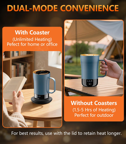 PUSEE self-heating mug shown at 113°F for precise warmth on cool mornings.