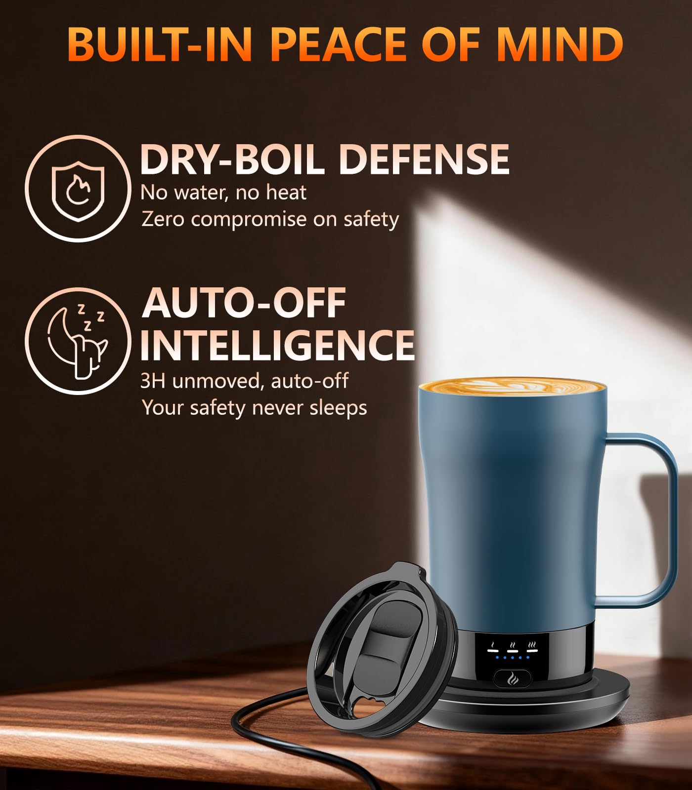 PUSEE self-heating mug set to 131°F for optimal sipping during long work sessions.