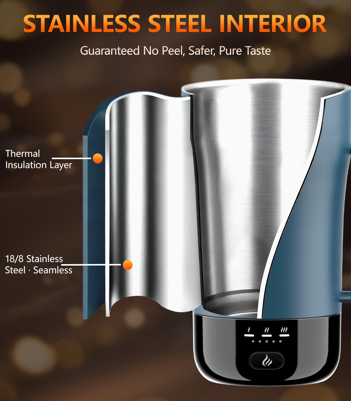 PUSEE self-heating mug at 149°F offers a hotter option for strong coffee moments.