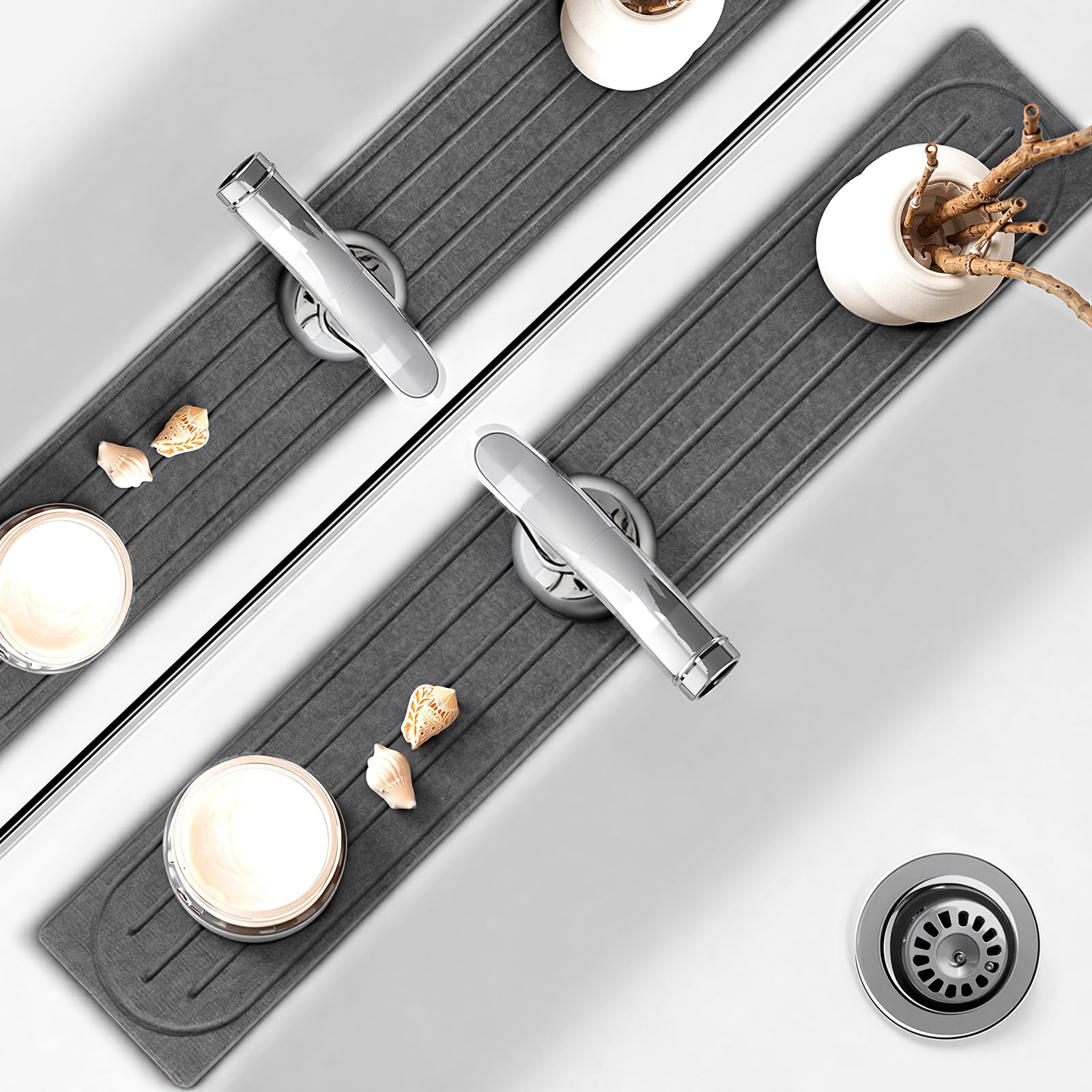 Puxinargo faucet mat with center hole absorbs spills quickly and protects the sink area