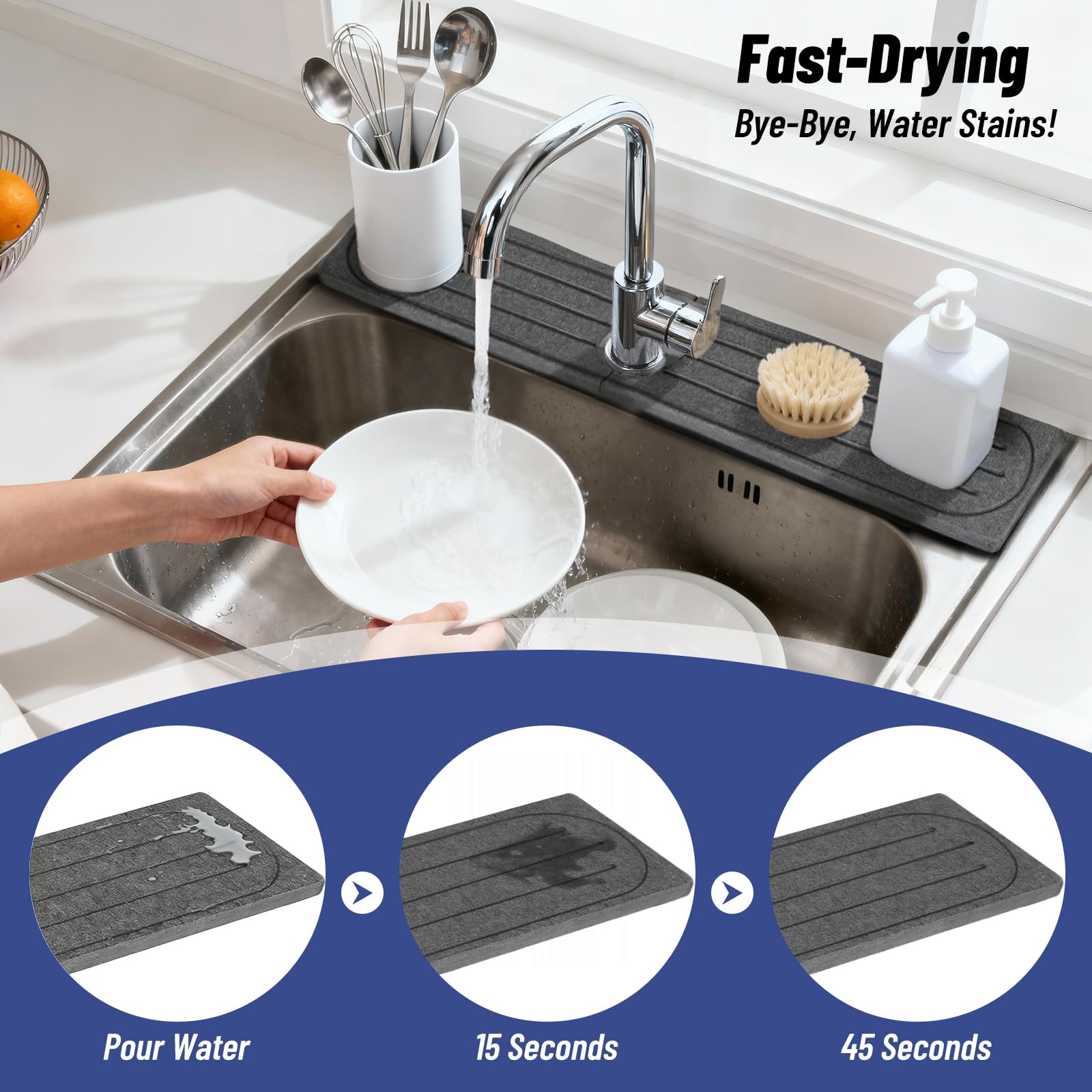 Puxinargo stone tray keeps soaps, brushes, and cups organized near the sink