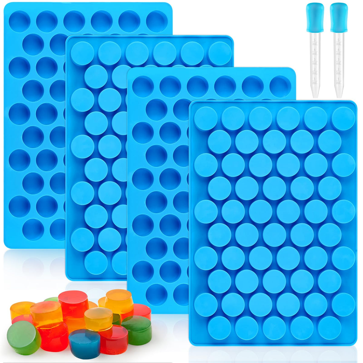 Puyeipt 4pcs blue silicone gummy molds with 55 cavities for uniform bite-sized gummies.