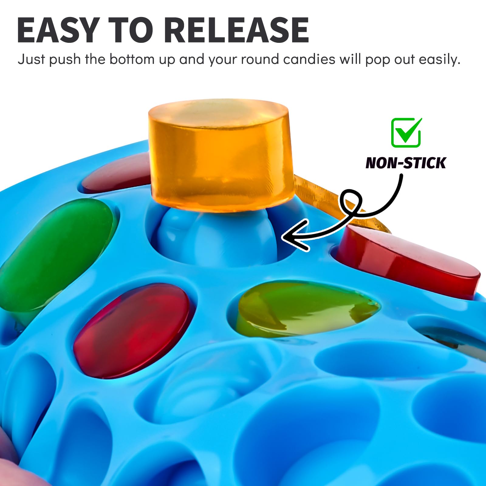 Puyeipt easy pop-out round molds for quick candy release.