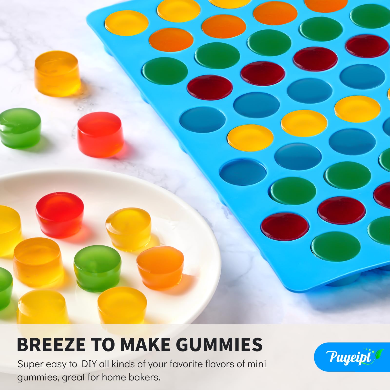Puyeipt versatile round molds for gummies, caramels, jellies, and chocolates.