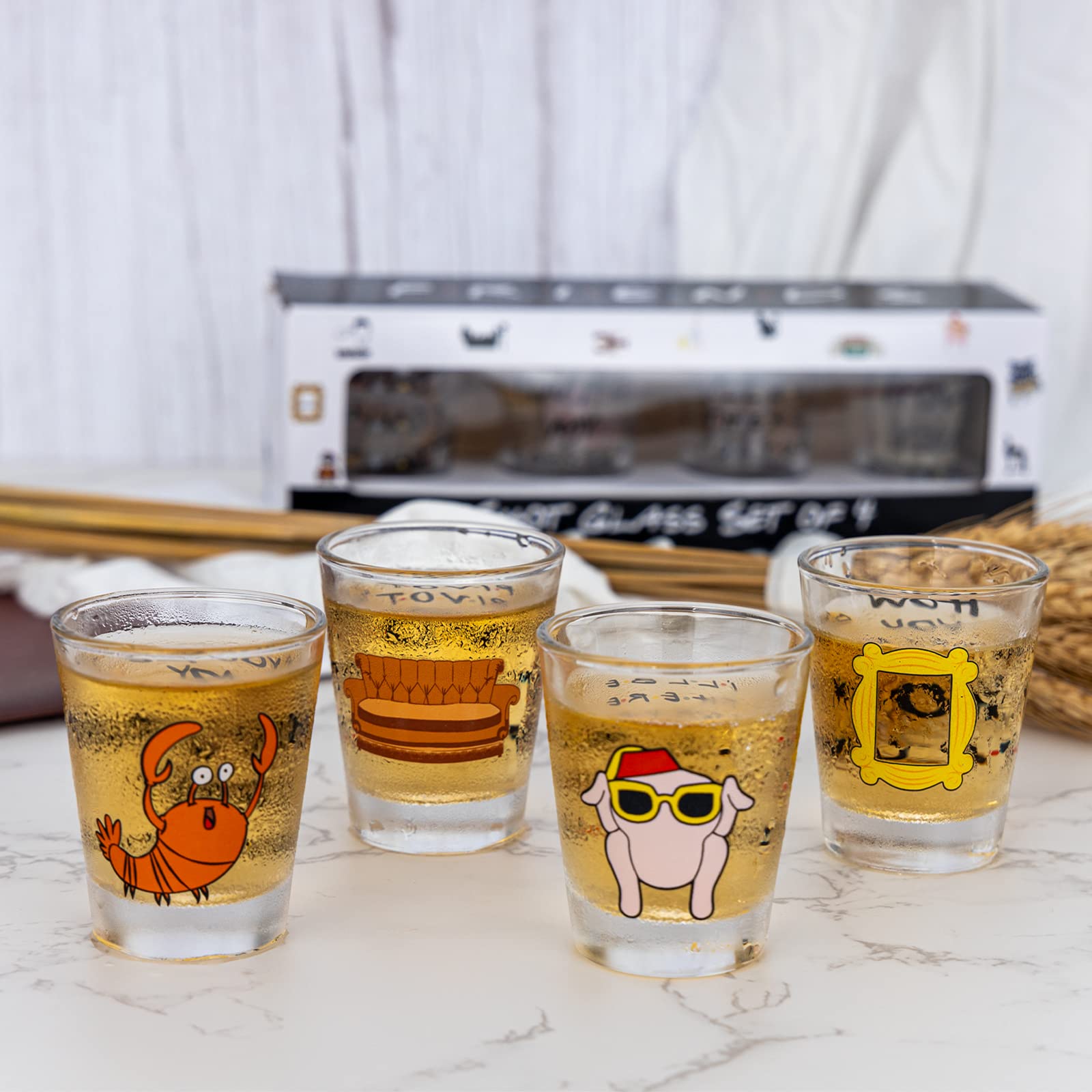 PuGez 1.5 oz Friends shot glass features show patterns for entertaining.