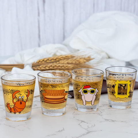 PuGez Friends-pattern shot glass showcasing show quotes for social gatherings.