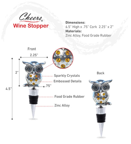 Puzzled Cheers Owl wine stopper side profile shows chrome base and snug seal.