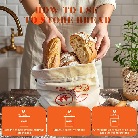 PW61 bread bags on countertop with sourdough loaf.