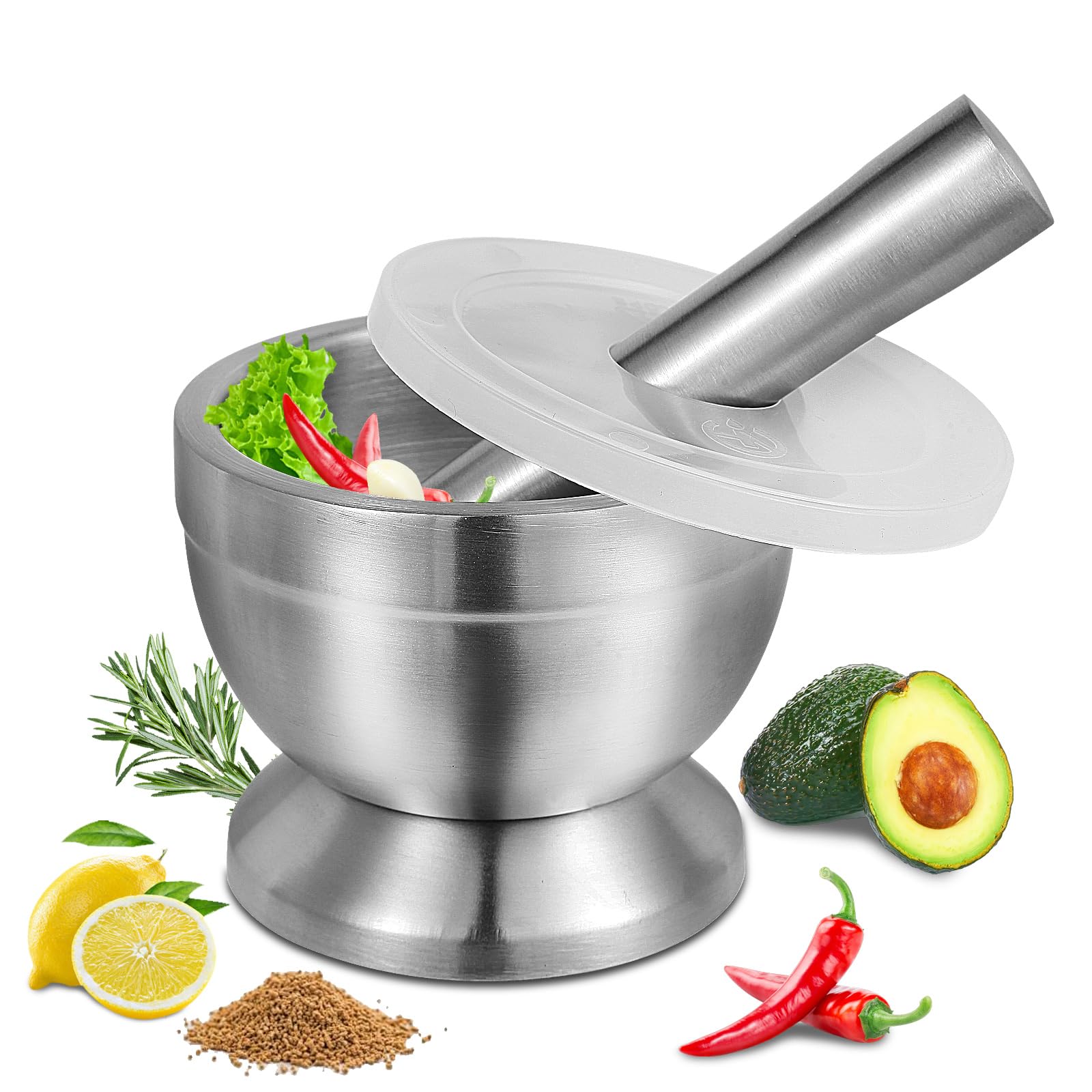 Pwkauka 18/8 mortar and pestle set, front view, durable for spices and herbs.
