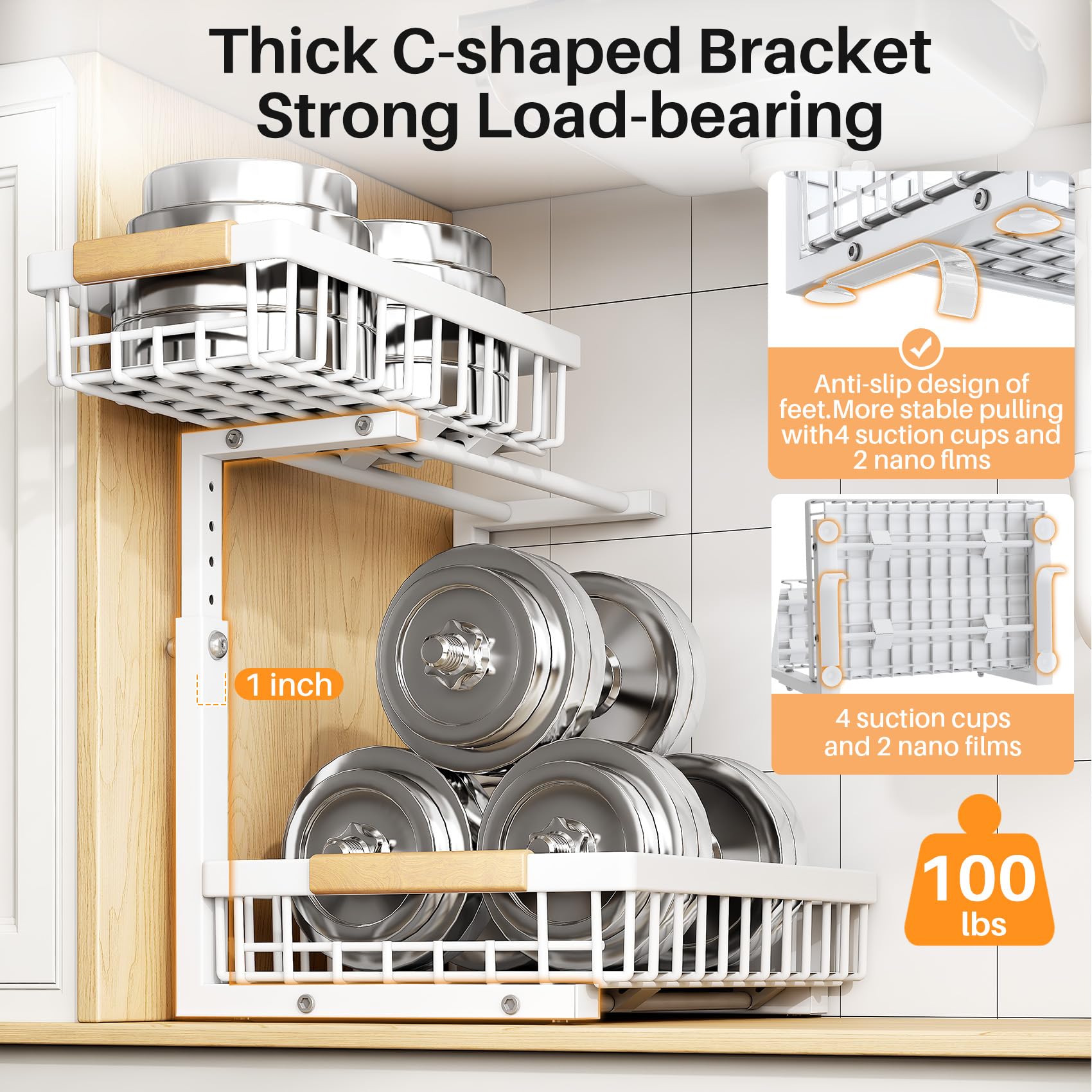 Enlarged top basket and extra bottom space for tall items.