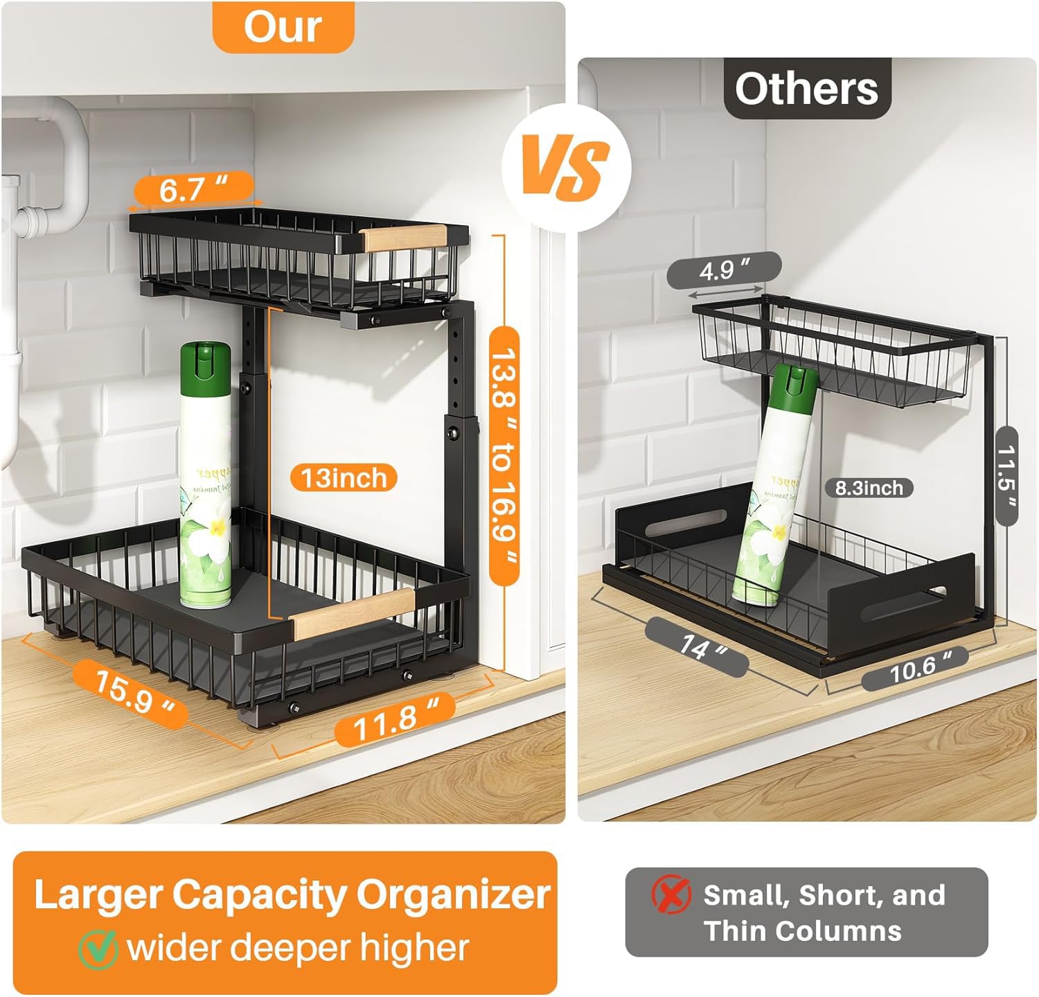 PXRACK height-adjustable under-sink organizer fits varied cabinet heights with ease.